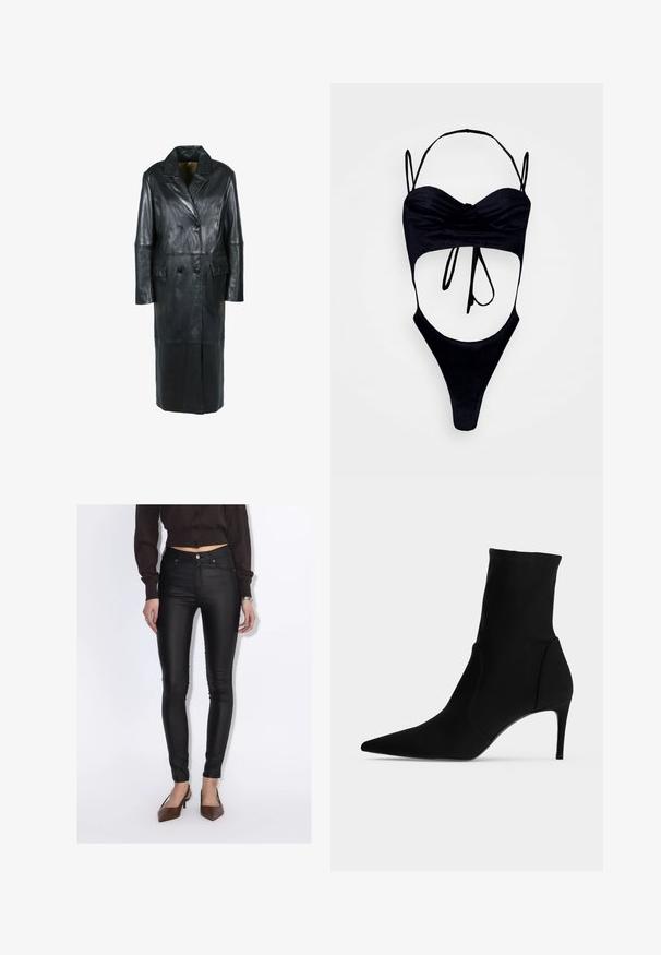 Freaky Nation Wintermantel - black; GmbH WITH CUPS - Top - black; Vrouw draagt zwarte hoge taille skinny broek, een cropped donkerbruin overhemd met knopen en bruine puntige hakken.; Zwarte enkellaars met spitse neus en slanke hoge hak, in profiel getoond op een lichte achtergrond. Stijlvol en minimalistisch ontwerp.
