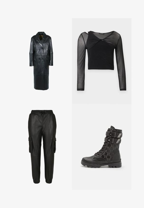 Freaky Nation Wintermantel - black; Zwart cropped top met lange mouwen, transparante mesh aan de bovenborst, schouders en mouwen, met een gedraaide voorkant bij de halslijn.; Zwarte synthetische leren cargobroek met een elastische tailleband, trekkoord, elastische manchetten en twee zijzakken. Glad, glanzend textuur.; Zwarte gevechtslaarzen met een gestructureerde bovenkant met een houndstoothmotief, twee verstelbare banden en een robuuste zool.