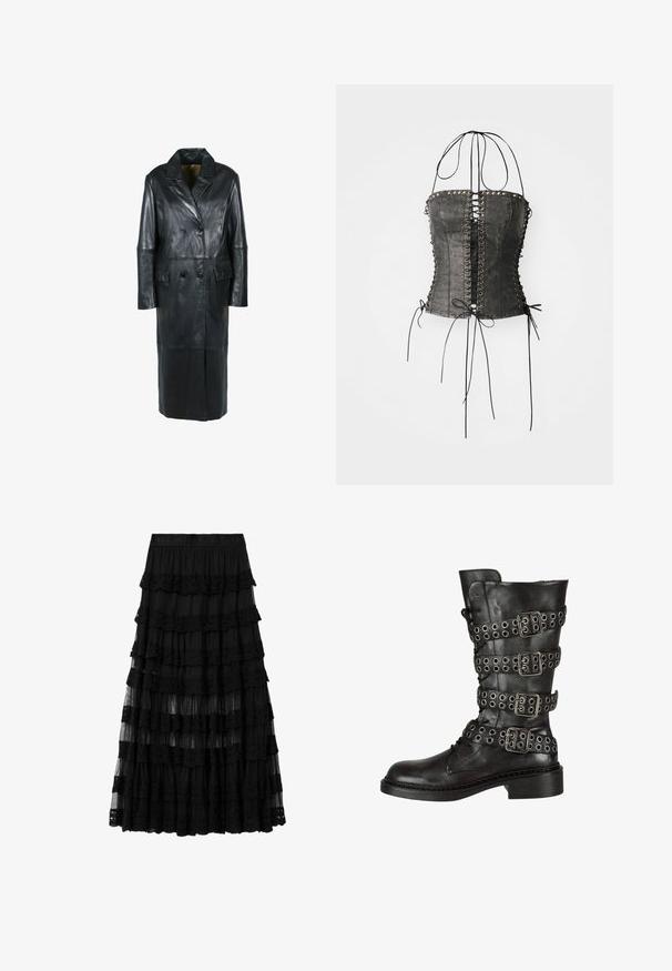 Freaky Nation Vinterfrakke - black; Jaded London LONGLINE LACE UP HALTER CORSET - Top - black; Sort lagdelt blonde midi-nederdel med elastisk talje med indgraveret mærkenavn, der har gennemsigtige og solide lagdelte stofpaneler.; Sorte læder knæhøje støvler med flere sølv spænder og hægter, med en afrundet tå og en lav blokhæl. Struktureret finish.