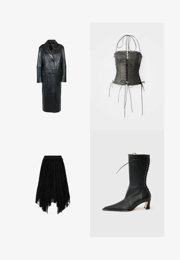 Freaky Nation Wintermantel - black; Jaded London LONGLINE LACE UP HALTER CORSET - Top - black; Zwarte asymmetrische midirok met gelaagde kanten en mesh verticale strepen en een aansluitende tailleband.; Zwarte leren enkellaars met spitse neus, slanke hak, vetersluiting aan de achterkant en metalen oogjes. Glad oppervlak met een strak ontwerp.
