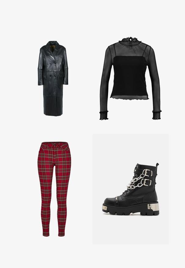 Freaky Nation Vinterfrakke - black; Sort langærmet top i gennemsigtig mesh-stof, med høj flæsekrave, tætsiddende krop og ribbede detaljer ved manchetterne og kanten.; Røde ternede skinny jeans med en tætsiddende design, der har gule og sorte striber, knaplukning og standard for- lommer.; Koi Footwear SHACKLED SHADOWS HEAVY DUTY CHAIN - Cowboy- / bikerstøvlette - black