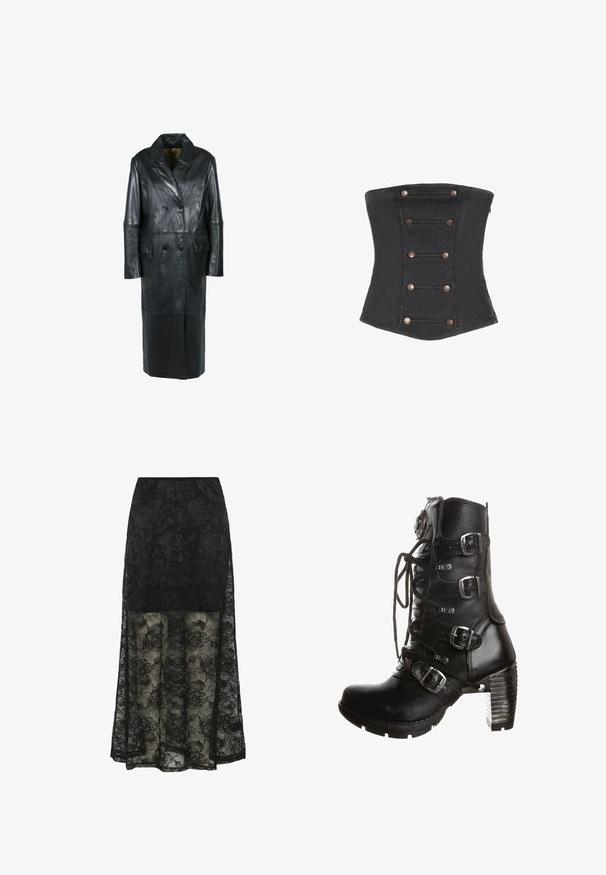 Freaky Nation Vinterfrakke - black; Sort stropløs korset med seks par dekorative kobberknapper arrangeret lodret foran.; Sort blonde maxi nederdel med blomstermønster og gennemsigtig nederste halvdel. Elastisk talje og fast øverste sektion giver en kontrast i både tekstur og design.; Sort læderstøvle til midtkalven med snøreføring foran, fire sølvspænderemme og en chunky stablet hæl.