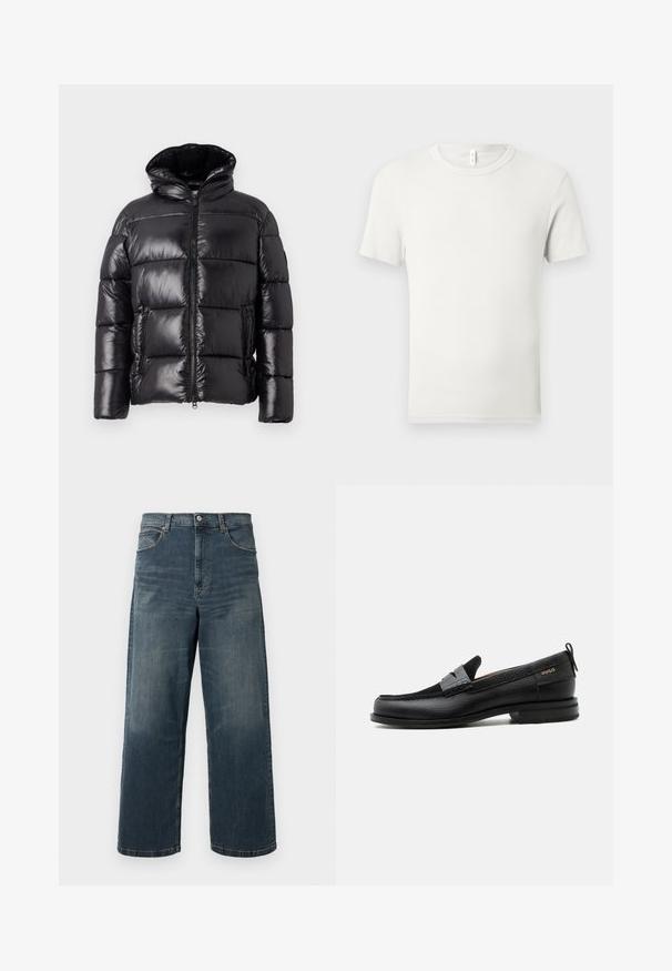Doudoune noire brillante avec une finition lustrée, dotée d'un col haut, d'une fermeture éclair et de deux poches latérales ; design matelassé pour l'isolation.; T-shirt blanc uni à manches courtes et col rond, étalé à plat sur un fond gris clair, avec une petite étiquette en tissu au niveau du col.; Jeans en denim à jambes larges de couleur bleu foncé, avec un effet délavé, un design à cinq poches et des coutures robustes. Fermeture à boutons à la taille.; Mocassin en cuir noir avec détail de bride grise, talon bas et semelle texturée, marqué "HUGO" en or sur le côté.