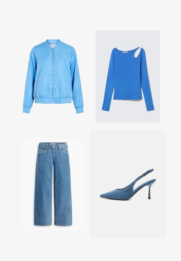Chaqueta bomber azul claro hecha de tela suave, con cierre frontal de cremallera, puños acanalados y dobladillo fruncido. Sin patrones ni gráficos visibles.; Top azul de manga larga en tela suave, con un corte único en el hombro y escote redondo. Diseño limpio, estilo minimalista.; Jeans de mezclilla de tiro alto en un suave tono azul claro, con pernera ancha, cinco bolsillos y una clásica cremallera de botones. Corte recto desde el muslo hasta el dobladillo.; Zapato de tacón alto con puntera puntiaguda, trasera tipo slingback en denim azul con detalles de ojales plateados y correa ajustable con hebilla.