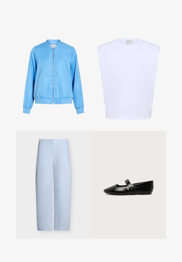 Veste bomber bleu clair en tissu lisse, avec une fermeture éclair à l'avant, des poignets côtelés et un ourlet froncé. Pas de motifs ni de graphiques visibles.; Haut blanc sans manches avec épaules structurées, encolure ronde et logo discret en relief au centre devant.; Pantalon bleu clair taille haute à jambes larges, avec un devant lisse sans poches ni ornements visibles.; Chaussure plate Mary Jane en cuir noir avec bout arrondi et bride à boucle argentée sur fond uni.