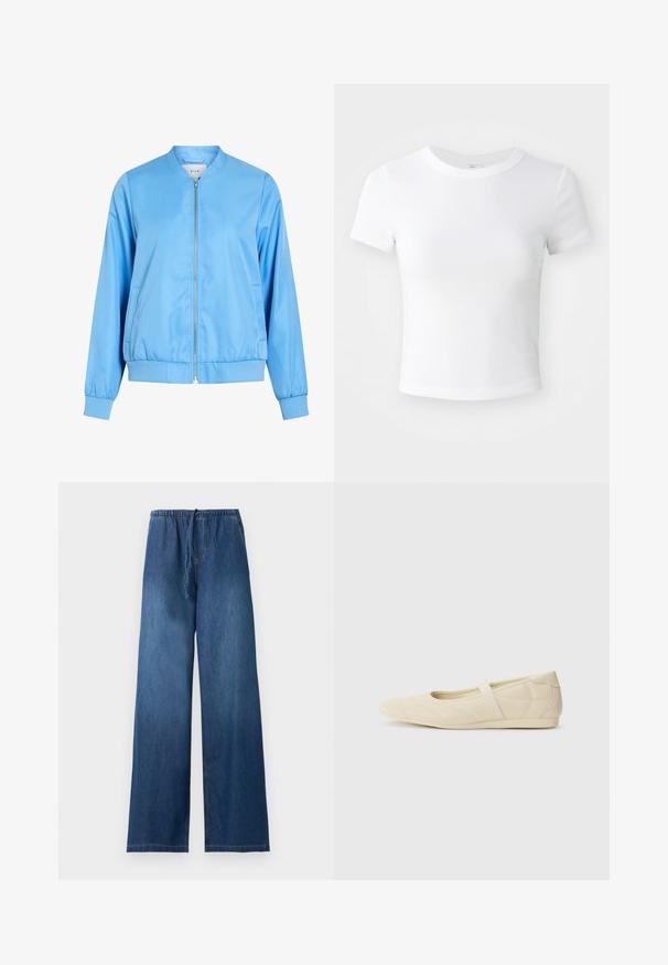 Chaqueta bomber azul claro hecha de tela suave, con cierre frontal de cremallera, puños acanalados y dobladillo fruncido. Sin patrones ni gráficos visibles.; Camiseta corta de manga corta blanca, con cuello redondo, exhibida sobre un fondo neutral claro.; Pantalones de mezclilla azul de pierna ancha con cintura elástica y cordón, sin bolsillos visibles ni adornos, presentados sobre un fondo liso.; Bailarinas beige con un exterior de cuero liso, punta en forma de almendra y una correa elástica en el empeine, con detalles de costura sutiles.