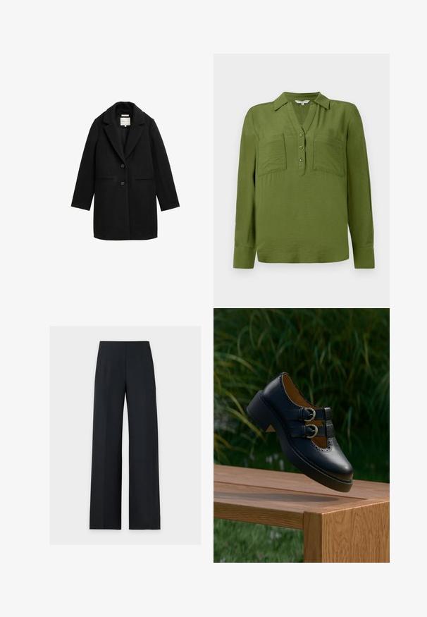 Manteau noir ajusté avec revers, fermeture à un bouton et deux poches avant. Fabriqué en tissu structuré, avec une texture lisse.; TOM TAILOR BLOUSE STRUCTURED SOLID - Blouse - deep ivy green; Pantalon noir à jambes larges, taille haute et pli à l'avant, présenté à plat sur un fond blanc uni. Pas de poches ni de fermetures visibles.; Chaussure noire en cuir à double boucle avec des détails perforés flottant au-dessus d'un banc en bois à l'extérieur avec de l'herbe verte et des plantes en arrière-plan.