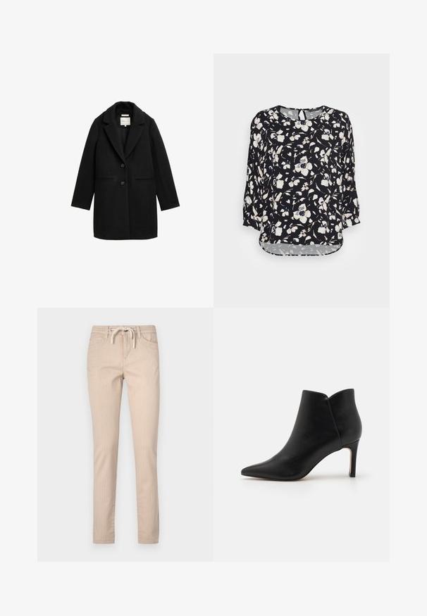 Manteau noir ajusté avec revers, fermeture à un bouton et deux poches avant. Fabriqué en tissu structuré, avec une texture lisse.; mine to five TOM TAILOR BLOUSE BATSLEEVE - Blouse - black/beige; Pantalons en coton rayés beige avec taille à cordon, jambes fuselées et deux poches avant. Texture lisse, design décontracté.; Bottines en cuir noir avec un bout pointu, un design effilé et un talon aiguille, présentant une ouverture en forme de coquille unique au niveau de la cheville.