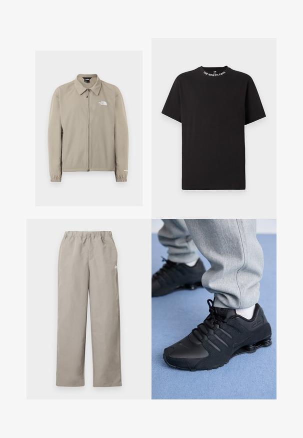 Veste beige The North Face zippée avec col, poignets élastiques et logo sur le côté gauche de la poitrine et la manche droite, présentée sur un fond uni.; T-shirt noir à manches courtes avec col rond affichant le texte "THE NORTH FACE" imprimé autour du col.; Pantalon beige à jambe droite avec une ceinture élastique et un petit logo blanc sur la couture latérale droite.; Personne portant des baskets Nike Shox noires et un pantalon de survêtement gris, debout sur un tapis bleu clair.