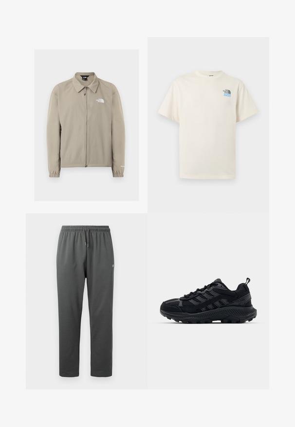 Veste beige The North Face zippée avec col, poignets élastiques et logo sur le côté gauche de la poitrine et la manche droite, présentée sur un fond uni.; T-shirt à manches courtes couleur blanc cassé avec col rond et petit logo The North Face noir et bleu sur la poitrine gauche.; Pantalon de survêtement en polaire gris foncé avec taille élastique et cordon de serrage, avec un petit logo sur la cuisse droite.; Chaussures de sport noires avec une tige en mesh texturé et en suède, bout renforcé et semelle extérieure robuste. Présente un design à lacets et une languette.