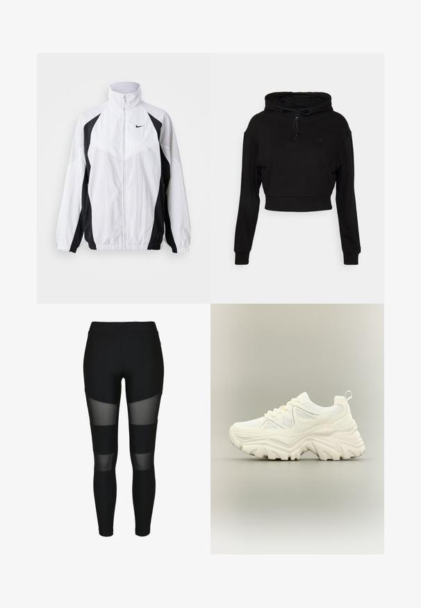 Nike vindjakke i hvid og sort. Har høj krave, lynlås lukning, lange ærmer og kontrasterende paneldesign med tekstureret stof.; Even&Odd active by Zalando Hættetrøje - black; Sorte leggins med lodret ribbet tekstur, der har gennemsigtige mesh-paneler på de øvre og nedre sektioner af benene. Inkluderer elastisk talje.; Hvid chunky sneaker med tyk tekstureret sål, mesh paneler, snørelukning foran og trækstrop ved hælen på en neutral baggrund.