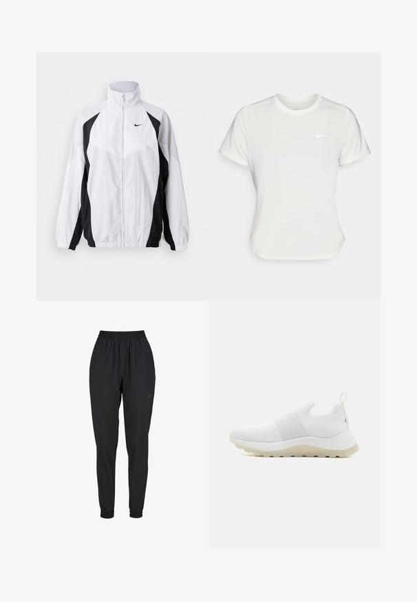 Biela a čierna vetrovka Nike. Má vysoký golier, zips, dlhé rukávy a kontrastný panelový dizajn s textúrovanou látkou.; Biele tričko Nike s krátkym rukávom a okrúhlym výstrihom, vyrobené z hladkej a ľahkej látky. Na hrudi má nenápadné logo.; Čierne nohavice s elastickým pásom a nahrnuli sa na spodnej časti, s rovnými nohavicami, vyrobené z ľahkého materiálu, s diskrétnym logom na boku.; Calvin Klein RUNNER SLIP ON - Tenisky - white