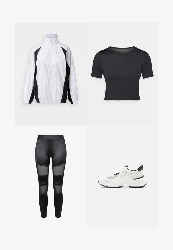 Nike αδιάβροχο μπουφάν σε λευκό και μαύρο. Διαθέτει υψηλό γιακά, κλείσιμο με φερμουάρ, μακριά μανίκια και σχέδιο με αντίθετες πάνελ από υφασμάτινη υφή.; Μαύρο κοντομάνικο cropped top φτιαγμένο από λείο, ελαστικό ύφασμα με στρογγυλή λαιμόκοψη και διακριτές ραφές στους ώμους.; Μαύρα κολάν με λείο υλικό και διάφανες διχτυωτές πλάκες στους μηρούς, προσφέροντας αντίθεση στην υφή και το σχέδιο.; Λευκό αθλητικό παπούτσι Calvin Klein με πλέγμα στην επιφάνεια, χοντρή σόλα, μαύρη φτέρνα και μαύρη σήμανση στο πλάι και στο μπροστινό μέρος.