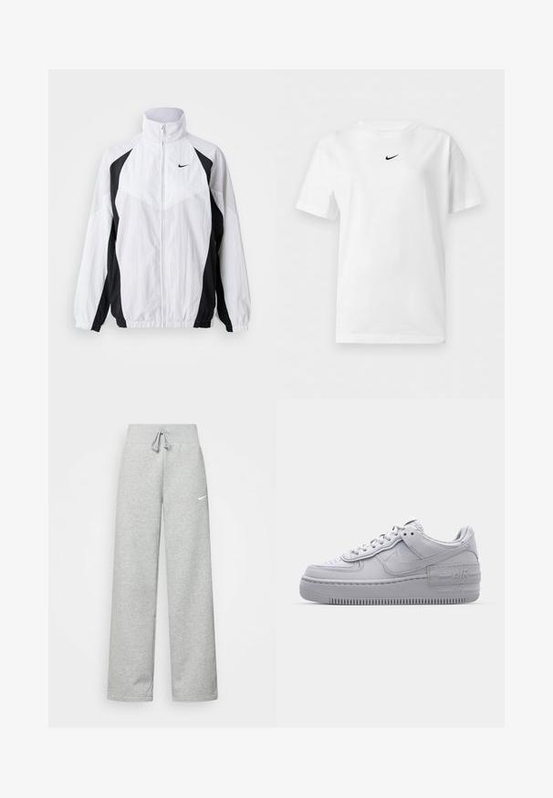 Biela a čierna vetrovka Nike. Má vysoký golier, zips, dlhé rukávy a kontrastný panelový dizajn s textúrovanou látkou.; Biele tričko s krátkym rukávom a okrúhlym výstrihom s malým čiernym logom Nike Swoosh umiestneným v strede blízko goliera.; Šedé tepláky s elastickým pásom, detailom na šnúrku a malým bielym logom Nike na ľavom stehne. Mäkká tkanina, voľný strih.; Šedé tenisky Nike Air Force 1 s perforovanou špičkou, hladkým koženým zvrškom, hrubou podrážkou a embosovaným detailom 'AIR' na päte.