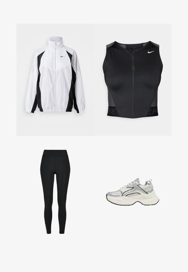 Nike tuulejope mustas ja valges. Omab kõrget krae, lukuga sulgemist, pikki varrukaid ning kontrastset paneelidisaini tekstuuriga kangast.; Mustast sportlikust lõigatud topp lukkudega, tekstureeritud õlapaneelide ja trükitud brändilogoga. Valmistatud venivast, hingavast kangast.; Mustad retuusid kõrge vöökohaga, valgete küljeribadega, valmistatud venivast kangast mugavuse ja paindlikkuse tagamiseks.; Hõbedane ja valge jämeda tallaga spordijalats võrgust ja nahast detailidega, paks valge talla ning "BUFFALO" brändinguga kandupaelal.
