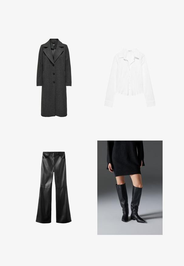 Long manteau gris foncé avec un col en V, cinq boutons, poches latérales et une texture de tissu. Design classique, coupe droite.; Chemise blanche à manches longues avec col, taille légèrement cintrée et poignets boutonnés, présentée sur fond blanc.; Pantalon noir en cuir synthétique avec jambes larges évasées, fermeture à boutons et zip à l’avant, passants pour ceinture et poches avant.; Bottes en cuir noir au-dessus du genou avec des pointes allongées, des semelles plates et des fermetures éclair sur le côté. Texture lisse, design épuré sans embellissements.