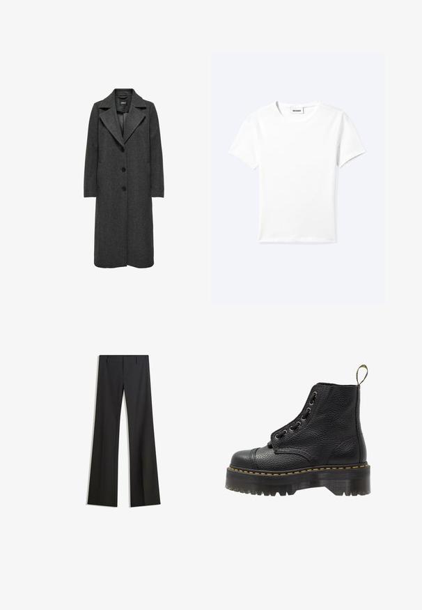 Long manteau gris foncé avec un col en V, cinq boutons, poches latérales et une texture de tissu. Design classique, coupe droite.; T-shirt blanc uni à manches courtes et col rond avec une petite étiquette "WEEKDAY" à l'intérieur de l'encolure, présenté à plat sur un fond clair.; Pantalon noir évasé avec une texture lisse, doté d'une coupe ajustée et d'une taille cintrée. Aucun motif ou ornement visible.; Bottines en cuir noir avec surface texturée, bout arrondi, lacets, coutures jaunes et une épaisse semelle noire crantée.