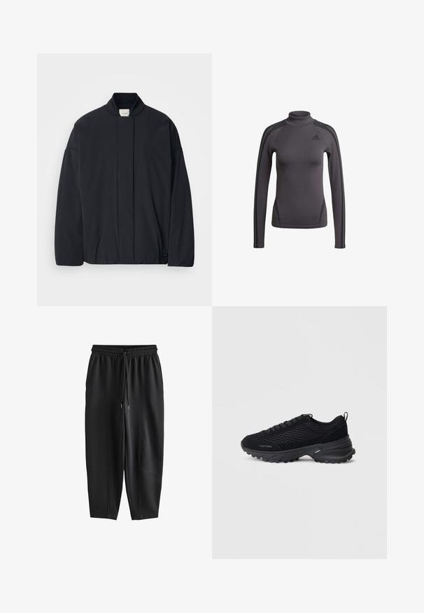 Veste noire à manches longues avec un col côtelé, fermeture frontale cachée et une étiquette de marque discrète au bas de l'ourlet, posée à plat sur un fond blanc.; Haut gris à manches longues avec un col montant, en tissu texturé avec des bandes noires d'accent sur les épaules, arborant un logo Adidas sur la poitrine.; Pantalon de jogging noir fuselé avec taille élastique et cordon de serrage, présentant des détails de coutures à l'avant et une coupe décontractée.; Baskets de sport noires avec un dessus en maille, des accents en daim, un système de laçage et une semelle épaisse texturée pour une meilleure adhérence. Logo "Calvin Klein" visible.