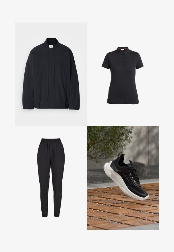 Veste noire à manches longues avec un col côtelé, fermeture frontale cachée et une étiquette de marque discrète au bas de l'ourlet, posée à plat sur un fond blanc.; Polo shirt noir en tissu lisse, avec col, fermeture à trois boutons et manches courtes. Design simple, sans motifs ni accents.; Pantalons noirs à taille élastique avec des poignets froncés, au design droit, fabriqués à partir d'un matériau léger, avec un logo subtil sur le côté.; Baskets noires Calvin Klein avec semelle blanche flottant au-dessus d'un sol en bois et en galets à l'extérieur, près de buissons et d'un mur en pierre.