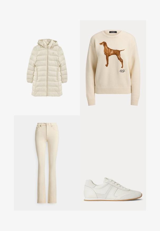 Veste longue matelassée couleur crème avec capuche, fermeture éclair avant, poches latérales et petit logo brodé sur la poitrine.; Pull en maille crème avec un graphisme de chien marron sur le devant et des initiales noires "RLL" près du bas droite.; Jean évasé beige avec une taille haute, deux poches avant et une fermeture par bouton. Texture lisse et détails de couture minimalistes.; Baskets basses blanches avec laçage à l'avant, panneaux en daim et cuir, et une semelle en caoutchouc marron clair sur fond blanc.