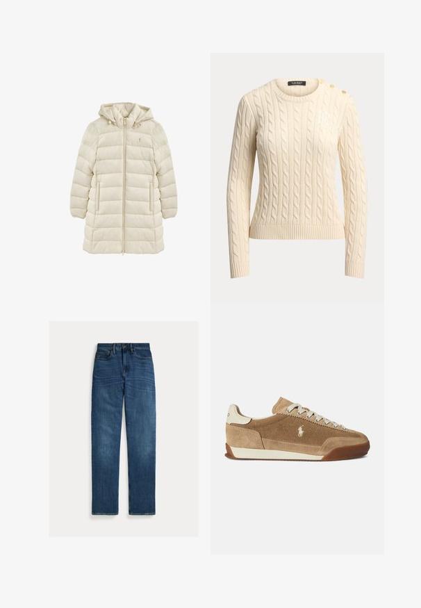 Veste longue matelassée couleur crème avec capuche, fermeture éclair avant, poches latérales et petit logo brodé sur la poitrine.; Pull en maille torsadée écrue à manches longues, col rond, trois boutons dorés sur l'épaule, et logo brodé discret sur la poitrine.; Jean droit en denim bleu avec cinq poches, fermeture par bouton, et une légère décoloration aux cuisses et aux genoux, posé à plat sur un fond blanc.; Baskets en daim marron clair à profil bas, accents crème, design à lacets, et semelle extérieure en caoutchouc. Présentent un petit logo sur le côté.
