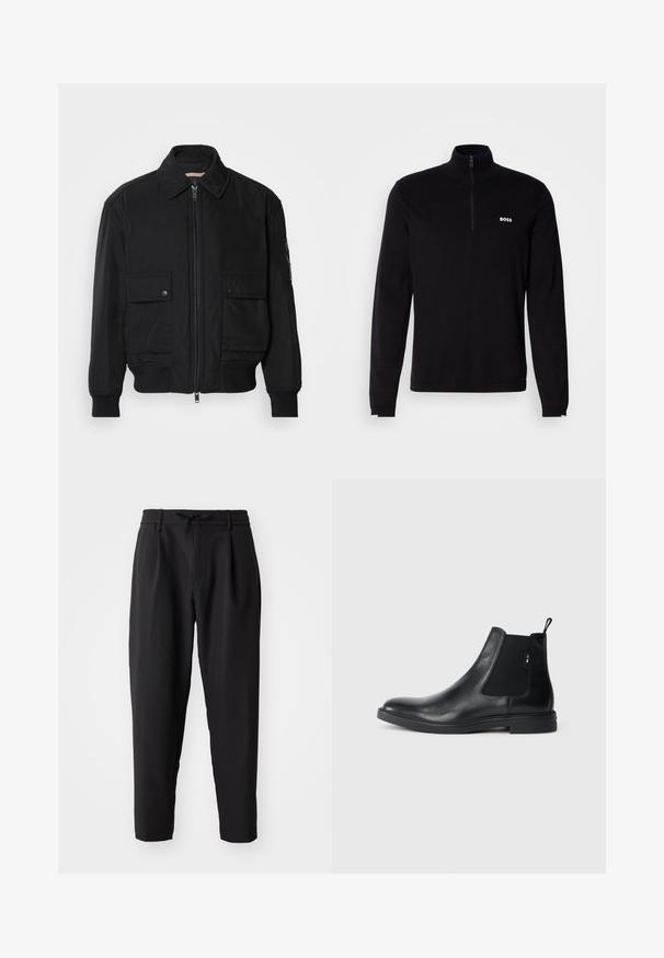 Schwarze Bomberjacke aus glattem, leichtem Stoff. Mit einem Reißverschluss vorne, zwei aufknöpfbaren Brusttaschen und gerippten Bündchen.; Schwarzer Langarm-Pullover mit halbem Reißverschluss am Kragen, mit Rippstruktur und weißem "BOSS"-Logo auf der Brust. Weiche Stoffverarbeitung.; Schwarze, schmal zulaufende Hose mit elastischem Bund und Kordelzug. Glattes, leichtes Material, ausgestattet mit Falten und Seitentaschen.; Schwarze Leder Chelsea-Boots mit elastischen seitlichen Einsätzen, einer Zugschlaufe und einer flachen Gummisohle. Glatte Textur mit minimaler Ausgestaltung.