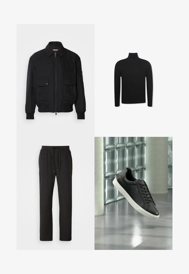 Schwarze Bomberjacke aus glattem, leichtem Stoff. Mit einem Reißverschluss vorne, zwei aufknöpfbaren Brusttaschen und gerippten Bündchen.; Schwarzer Langarm-Rollkragenpullover mit schmaler Passform und dezentem Logo auf der linken Brustseite, dargestellt vor weißem Hintergrund.; Schwarze Jogginghosen aus leichtem Stoff, mit einem elastischen Bund und verstellbaren Kordeln sowie Seitentaschen. Glatte Textur.; Schwarzer Low-Top-Sneaker mit weißer Sohle, Schnürsenkeln und eingeprägtem Logo, dargestellt vor einem Hintergrund aus Glasbausteinen und Betonpfeilern.
