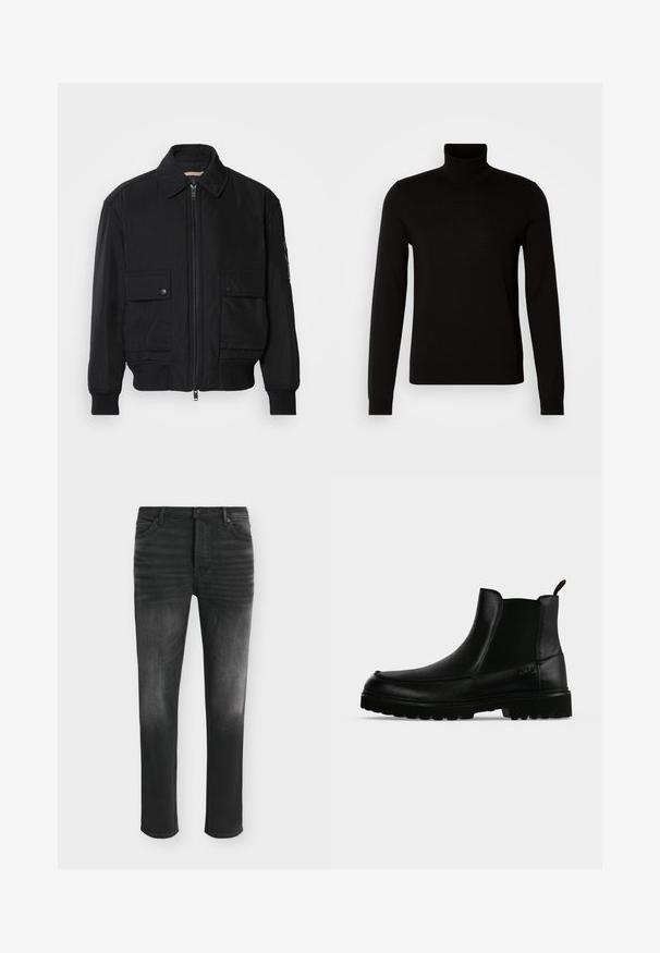 Veste bomber noire en tissu lisse et léger. Dotée d'une fermeture éclair à l'avant, de deux poches poitrines boutonnées et de poignets côtelés.; Pull col roulé noir en tissu tricoté fin, doté de manches longues et d'une silhouette ajustée. Texture lisse avec des poignets côtelés.; Jean skinny noir avec des détails délavés, style cinq poches et fermeture par bouton à la taille.; Bottine noire en cuir avec semelle texturée, panneaux latéraux élastiques et languette de tirage sur fond gris clair.