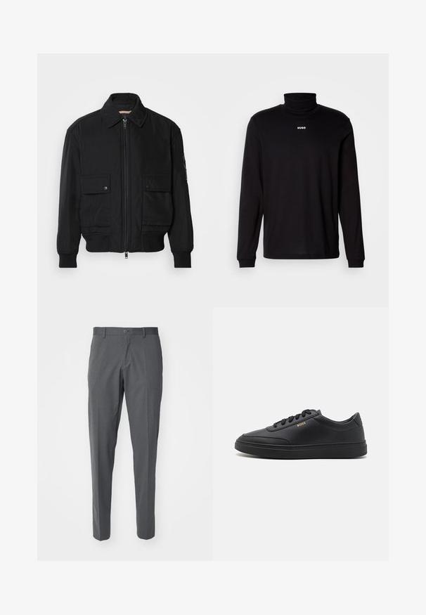 Veste bomber noire en tissu lisse et léger. Dotée d'une fermeture éclair à l'avant, de deux poches poitrines boutonnées et de poignets côtelés.; T-shirt à col roulé noir à manches longues en tissu lisse, avec un logo "HUGO" blanc sur la poitrine, doté de poignets et d'un ourlet ajustés.; Pantalon gris en tissu lisse, avec une fermeture à bouton, des poches avant et une coupe slim.; Baskets en cuir noir avec une texture lisse, bout rond, semelle en caoutchouc plate et lacets ton sur ton. Présente une marque "BOSS" dorée sur le côté.