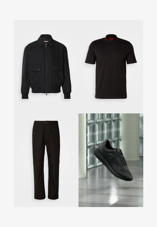 Chaqueta bomber negra de tejido suave y ligero. Cuenta con cierre de cremallera en la parte delantera, dos bolsillos en el pecho con botón y puños acanalados.; Camiseta negra de manga corta con un diseño de cuello alto. Fabricada con un tejido suave. Presenta una etiqueta de marca roja en el interior del cuello.; Pantalones de algodón negros con corte recto, presillas para el cinturón, cremallera frontal y un solo botón de cierre. Textura suave sin patrones visibles.; Zapatilla negra de la marca BOSS con detalles de malla y cuero, flotando sobre un suelo pulido frente a paredes de bloques de vidrio.