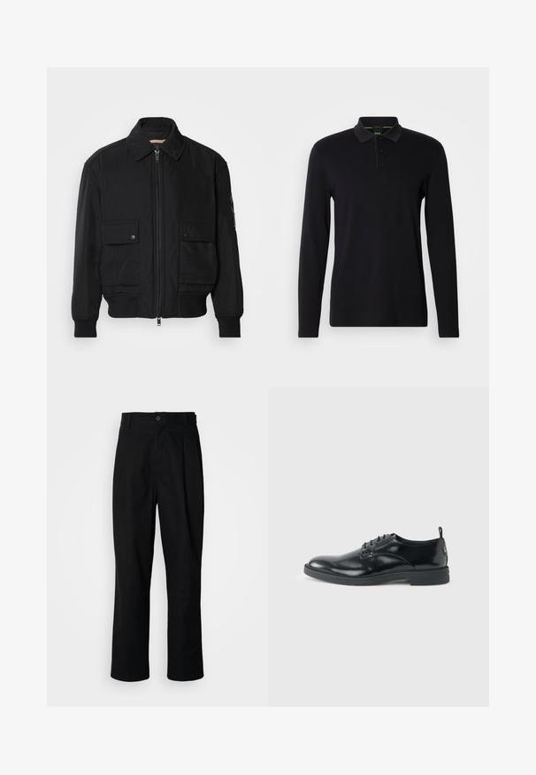 Schwarze Bomberjacke aus glattem, leichtem Stoff. Mit einem Reißverschluss vorne, zwei aufknöpfbaren Brusttaschen und gerippten Bündchen.; Schwarzes Langarm-Polohemd aus glattem Stoff. Verfügt über einen Kragen, eine Dreiknopfleiste und ein dezentes Logo auf der Brust.; Schwarze gerade geschnittene Hosen mit einem Knopfverschluss, Gürtelschlaufen und Vorderfalten, vor einem schlichten weißen Hintergrund präsentiert.; Glänzender schwarzer Lederschuh mit niedrigem Absatz, Schnürverschluss und runder Kappe, seitlich auf hellem, schlichten Hintergrund gezeigt.