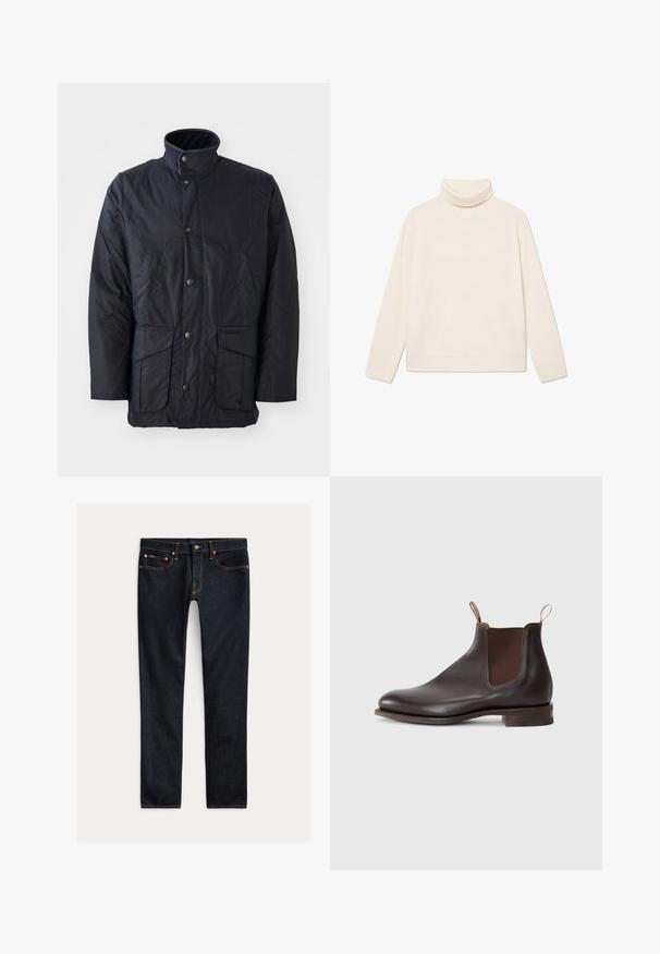 Musthave must valmistatud tekstureeritud kangast, millel on kõrge krae, ees taskud ja nupuga kinnitused. Minimalistlik disain, ilma mustriteta.; Kreemist soonest valmistatud pehme kangaga lõngakudu, millel on pikad varrukad ja lõdva istuvus, volditud krae ja äär.; Tumedassinised kitsad teksad viie tasku, nööp-kinnituse ja kontrastõmblustega, tasapinnal heledal taustal.; Pruun nahk Chelsea saabas, millel on elastsed külgpaneelid, tõmbetõmme, ümar varvas ja madal laotud konts. Sile pind, minimalistlik disain.