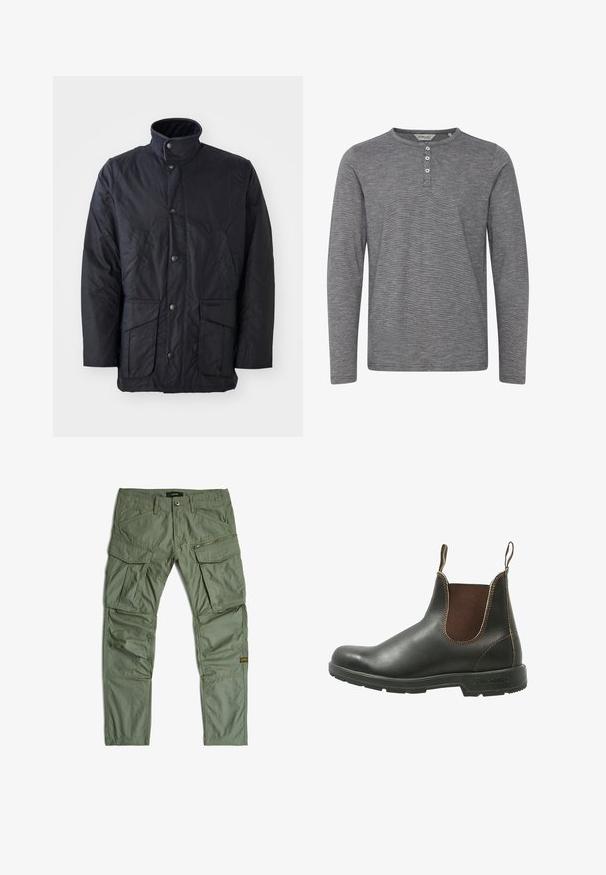 Schwarze wasserdichte Jacke aus strukturiertem Stoff mit hohem Kragen, Fronttaschen und Druckknopfverschlüssen. Minimalistisches Design ohne Muster.; Graues Langarm-Henley-Shirt aus weichem Stoff, mit Rundhalsausschnitt, drei Knöpfen an der Vorderseite und subtiler Textur.; Grüne Cargohose mit mehreren Taschen, einschließlich Reißverschluss- und Klappentaschen, Gürtelschlaufen und aufgenähten Kniepaneelen, flach auf weißem Hintergrund liegend.; Chelsea-Boots aus glattem schwarzem Leder mit braunen elastischen Seitenteilen, kontrastierenden Nähten und einer strukturierten Gummisohle.
