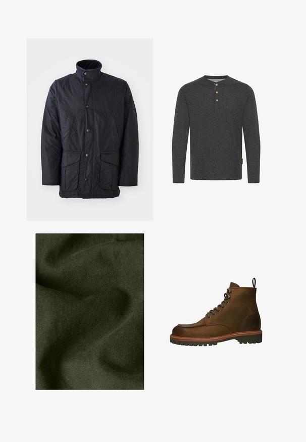 Schwarze wasserdichte Jacke aus strukturiertem Stoff mit hohem Kragen, Fronttaschen und Druckknopfverschlüssen. Minimalistisches Design ohne Muster.; Dunkelgraues Langarmshirt aus weichem Material, mit einem Henley-Ausschnitt und drei Holzknöpfen sowie einem Seitenschild.; Nahaufnahme eines dunkelgrünen Stoffes mit sichtbarer Webstruktur und weichen Falten, die Schatten und Lichtakzente erzeugen.; Braune Leder-Stiefeletten mit runder Zehenform, metallenen Ösen und einer robusten Gummisohle. Enthält eine Zuglasche für ein einfaches An- und Ausziehen.