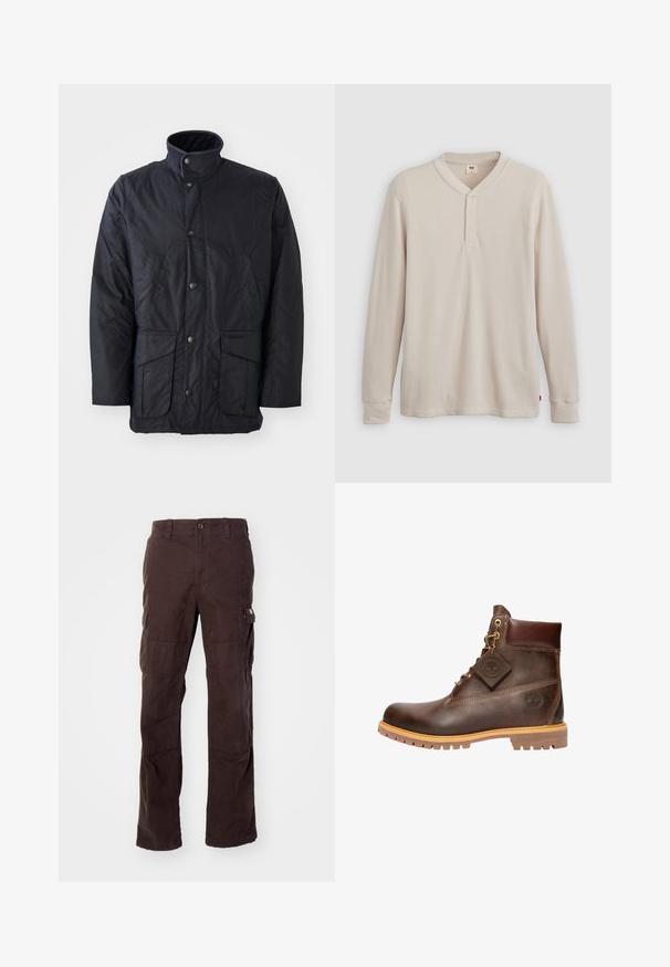 Musthave must valmistatud tekstureeritud kangast, millel on kõrge krae, ees taskud ja nupuga kinnitused. Minimalistlik disain, ilma mustriteta.; Pikad varrukad henley särk heledast beežist ribakudumist, millel on V-kaelus, kolme nupuga sulgemine ja kollased varrukad. Punane logo sildike ääres.; Pruunid cargo püksid, mis on valmistatud vastupidavast puuvillakangast, küljetaskute ja lõdva istuvuse ning sirgete jalgadega, millel on nähtavad õmbluse detailid.; pruun nahkne pahklöögi saabas ümarate varvastega, tugev tald, kuldse tooni detaljid ja tekstureeritud pealispind. Kaasas brändi silt.