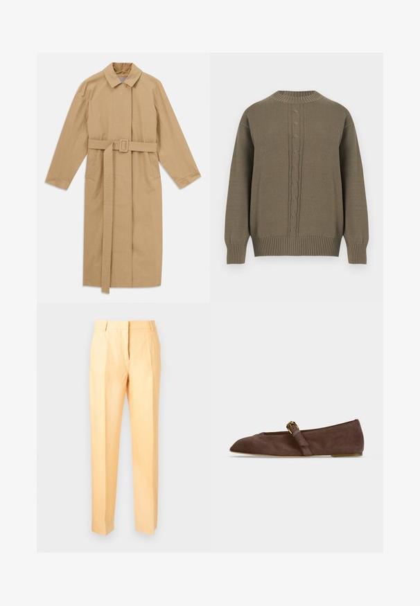 Manteau trench beige long avec large col, manches longues, ceinture avec boucle à la taille et poches latérales, présenté à plat sur fond blanc.; Pull en maille vert olive avec col rond, poignets et ourlet côtelés, présentant un motif torsadé central sur le devant.; Pantalon beige clair ajusté avec une coupe droite, passants de ceinture et fermeture éclair à l’avant.; Chaussure plate en daim marron avec bout pointu et bride à boucle dorée sur le côté, vue de profil sur fond blanc.