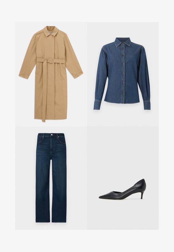 Manteau trench beige long avec large col, manches longues, ceinture avec boucle à la taille et poches latérales, présenté à plat sur fond blanc.; Chemise en denim bleu foncé à manches longues avec boutons sur le devant, col pointu et coutures blanches visibles le long des coutures et des poignets.; Jeans en denim bleu foncé avec une coupe droite, fermeture par bouton et zip, détails de coutures discrètes et style cinq poches.; Escarpin en cuir noir avec un bout pointu et un talon bas. Présente une texture lisse et un éclat subtil. Découpe ouverte à l'avant pour un détail supplémentaire.