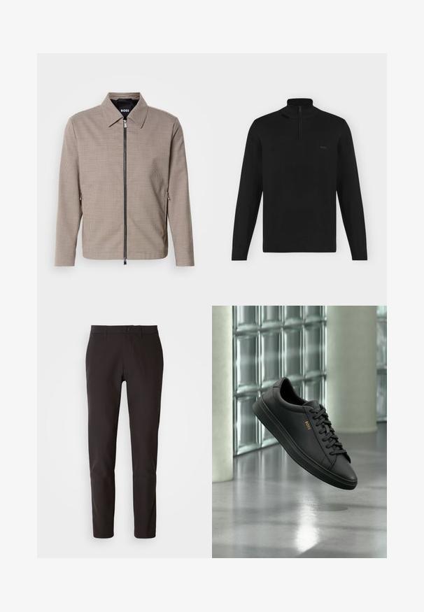 Braun karierter Reißverschlussjacke mit spitzem Kragen, seitlichen Taschen und glatter Textur. Mit einem metallischen Reißverschluss und dezenten Designdetails.; Schwarzer Langarm-Pullover mit hohem Kragen und halbem Reißverschluss, gerippte Bündchen und Saum, mit kleinem "BOSS"-Logo auf der linken Brust.; Schwarze Hose aus glattem Stoff, mit geradem Schnitt, standardmäßigem Bund mit Knopfverschluss und ohne sichtbare Taschen oder Muster.; Schwarzer flacher Ledersneaker mit schwarzen Schnürsenkeln und goldenem BOSS-Logo an der Seite, schwebend über einem glänzenden grauen Boden in einem modernen Innenraum.
