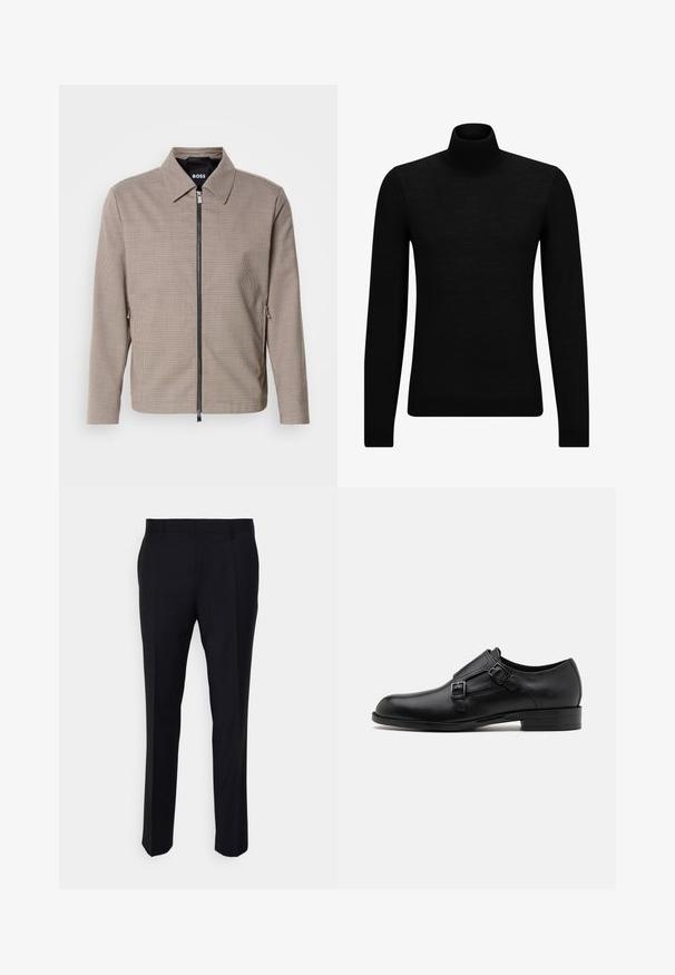 Brunternede tæppet zip-jakke med spids krave, sidelommer og en glat tekstur. Har en metal lynlås og subtile design detaljer.; Sort turtleneck sweater lavet af blødt materiale, med lange ærmer og en tætsiddende pasform. Ribbet trim ved kanten og manchetter. Simpelt design.; Sorte bukser lavet af vævet stof, med en skræddersyet pasform, flad front, sidelommer og lige ben-design.; Sort læderherresko med dobbelte spænder, slank silhuet og rund tå. Har en lav hæl og glat tekstur.