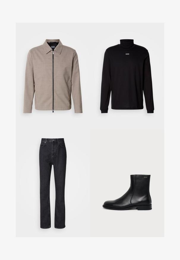 Veste zippée à carreaux marron avec un col pointu, des poches latérales et une texture lisse. Comprend une fermeture éclair métallique et des détails de design subtils.; T-shirt à col roulé noir à manches longues en tissu lisse, avec un logo "HUGO" blanc sur la poitrine, doté de poignets et d'un ourlet ajustés.; Jean en denim noir taille haute avec fermeture à bouton et à glissière, poches avant et arrière, et coupe droite.; Bottine en cuir noir à talon bas, couture latérale et petit logo "HUGO" sur le revers supérieur sur un fond uni.