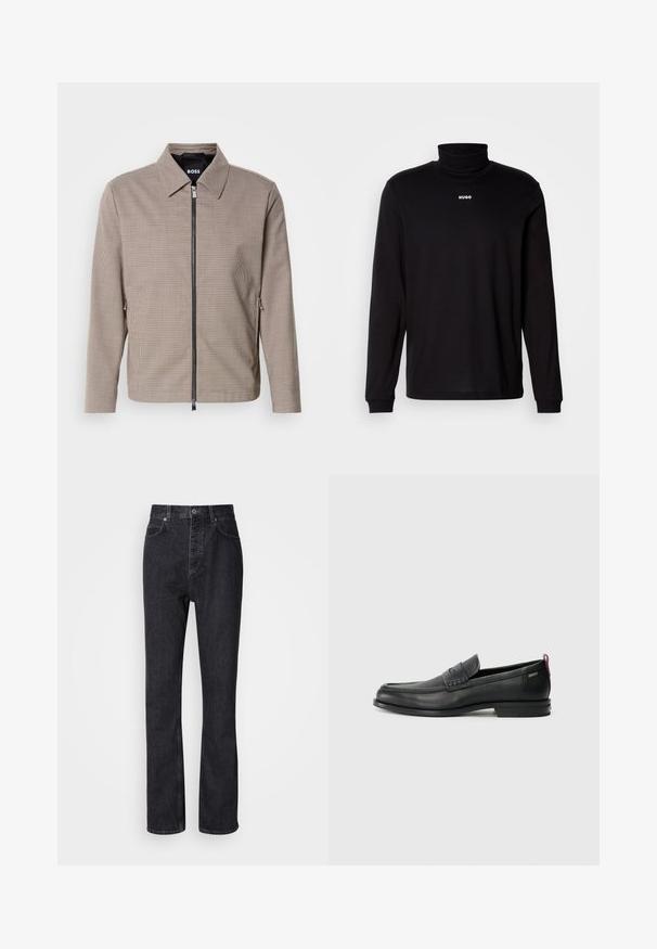 Brunternede tæppet zip-jakke med spids krave, sidelommer og en glat tekstur. Har en metal lynlås og subtile design detaljer.; Sort langærmet turtleneck skjorte lavet af glat stof, med et hvidt "HUGO" logo på brystet, samt tætsiddende manchetter og kant.; Høj talje sorte denim jeans med knap- og lynlåsåbning, for- og baglommer samt lige ben.; Sorte læder loafers med en tekstureret frontpanel og glatte sider. Har en slank hæl og en bageste løkke til nem påtagning. Klassisk design.
