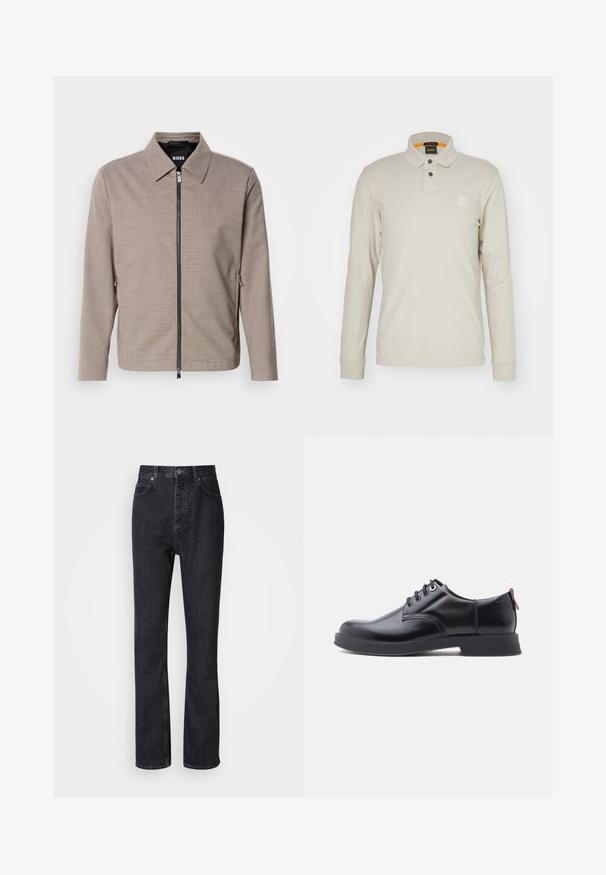 Brunternede tæppet zip-jakke med spids krave, sidelommer og en glat tekstur. Har en metal lynlås og subtile design detaljer.; Langærmet polo-shirt i lys beige bomuld. Har en krave, to knapper og et lille, præget logo på brystet. Orange inderside af kraven.; Høj talje sorte denim jeans med knap- og lynlåsåbning, for- og baglommer samt lige ben.; Sorte snørestøvler i læder med glat tekstur, rundet tå og diskrete syningsdetaljer. Har en rød trækflig på hælen.