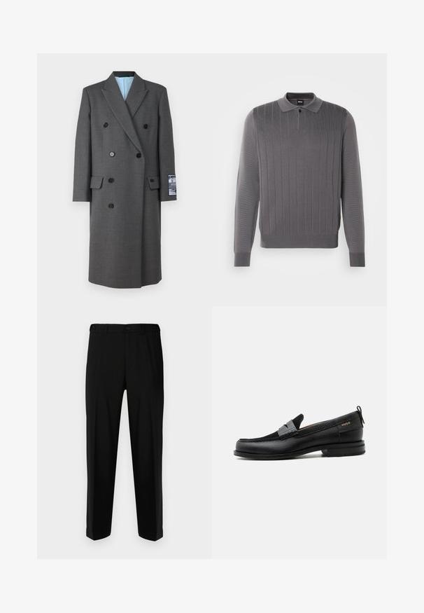 Manteau gris à double boutonnage en tissu texturé, avec des boutons noirs, des revers crantés et une doublure intérieure bleue avec une poche sur la manche.; Pull-over gris à manches longues avec une texture côtelée, doté d'un col et d'une patte de boutonnage à deux boutons, et d'une coupe ajustée pour un look épuré.; Pantalon noir en tissu lisse, présentant une coupe droite, deux poches avant et une fermeture à glissière avec bouton.; Mocassin en cuir noir avec détail de bride grise, talon bas et semelle texturée, marqué "HUGO" en or sur le côté.