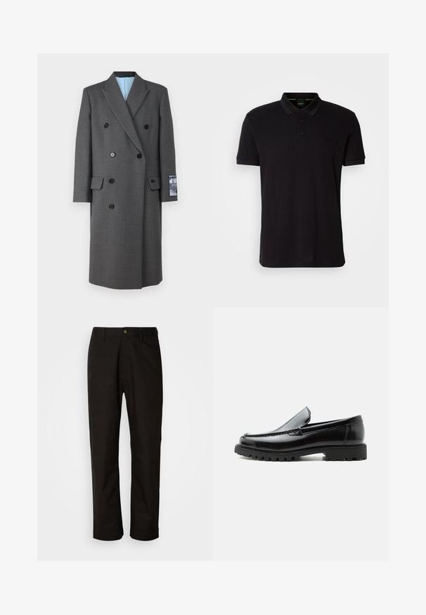 Manteau gris à double boutonnage en tissu texturé, avec des boutons noirs, des revers crantés et une doublure intérieure bleue avec une poche sur la manche.; Polo shirt noir en tissu doux, avec un col classique, une patte de boutonnage à trois boutons et un logo brodé sur la poitrine.; Pantalon en coton noir avec une coupe droite, des passants de ceinture, une fermeture éclair à l'avant et un seul bouton. Texture lisse sans motifs visibles.; Mocassin en cuir noir avec semelle en caoutchouc épaisse, dessus cousu et nom de marque embossé sur le talon, présenté de profil sur fond blanc.