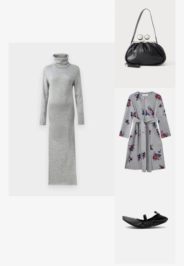 Grå langærmet bæltekåbe med pink, rød og blå blomsterprint samt påsatte lommer på hver side.; Grå turtleneck kjole med lange ærmer, lavet af blødt strikstof. Kjolen har en lige, gulvlængde silhuet og minimal detaljering.; Sort foldet læder balletsko med en enkelt rem og sølvspænde på en ensartet lys baggrund.; Sort læderhåndtaske med opsamlet design, en enkelt rem, sølv metalramme og to store runde sølv lukninger.