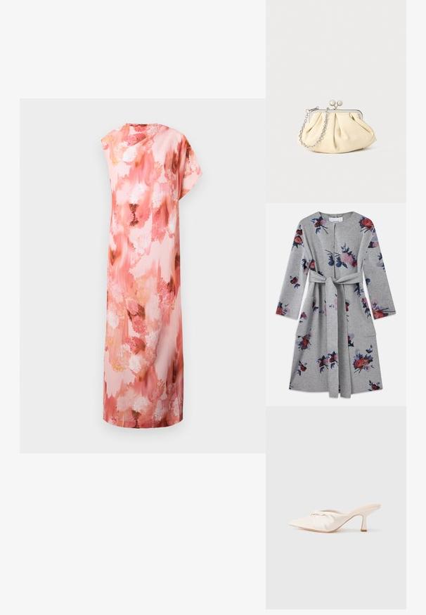 Manteau long à manches longues gris ceinturé avec des motifs floraux roses, rouges et bleus et des poches à rabat de chaque côté.; Robe maxi florale dans des teintes douces de rose et de pêche, arborant un motif aquarelle abstrait, des manches courtes et une silhouette décontractée.; Chaussure mule en tissu beige clair avec un design noué à l'avant, bout pointu et talon fin et effilé. Texture lisse dans l'ensemble.; Pochette en cuir beige plissé avec un cadre en métal argenté, dotée de deux fermoirs ronds décoratifs et d'une chaîne en argent.