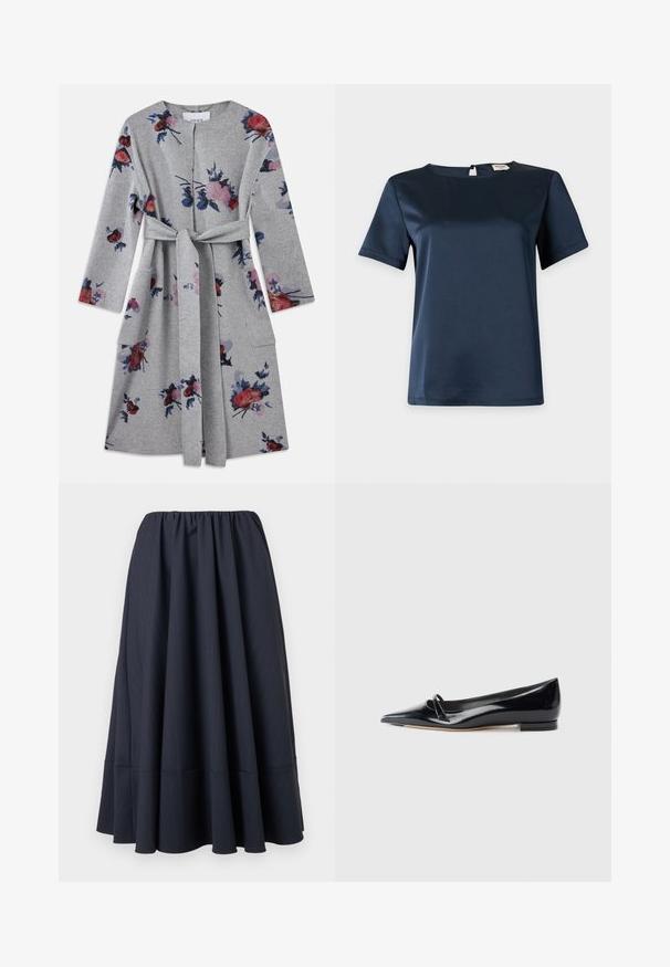 Grijze lange mouwen, een riem met rok, met roze, rode en blauwe bloemmotieven en opgestikte zakken aan elke kant.; Marineblauwe satijnen blouse met korte mouwen, ronde halslijn en knoopsluiting aan de achterkant op een effen lichte achtergrond.; Marineblauwe, knielange geplooide rok met een elastische tailleband en subtiele verticale krijtstreepjes tegen een effen achtergrond.; Zwarte gepatenteerde leren platte schoen met een puntige neus, een kleine decoratieve band en een lage blokhak. Gladde textuur en strak ontwerp.