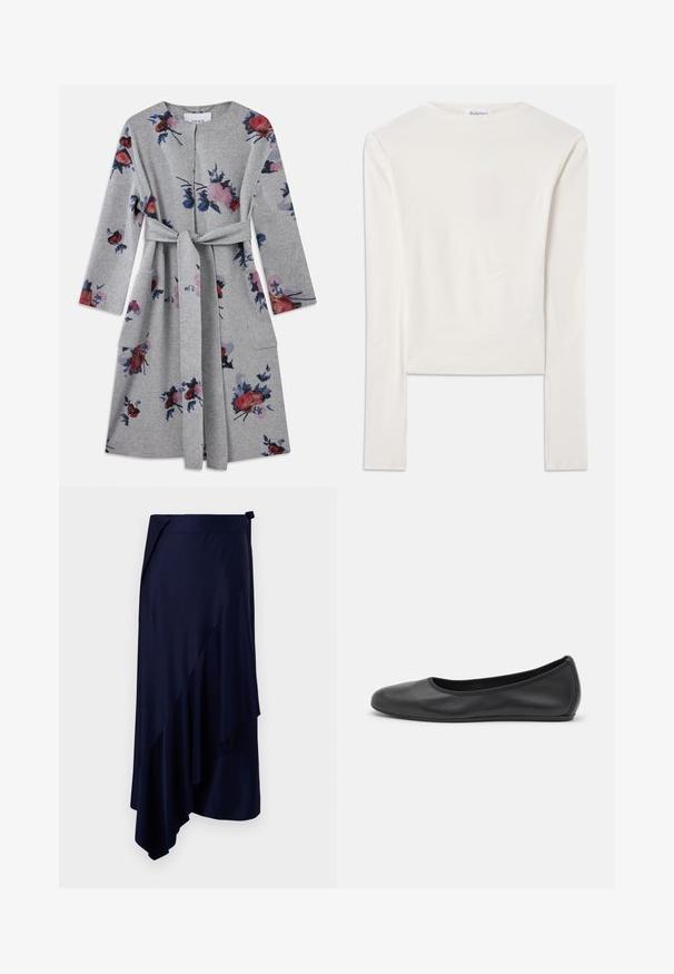 Grijze lange mouwen, een riem met rok, met roze, rode en blauwe bloemmotieven en opgestikte zakken aan elke kant.; Witte lange mouw top van katoen, met een eenvoudige ronde hals en een slim fit. De stof is glad met een lichte stretch.; Rabanne Kokerrok - deep navy; Zwarte leren ballerina met een ronde neus, gladde textuur, minimale stikdetails en een flexibele zoolontwerp.