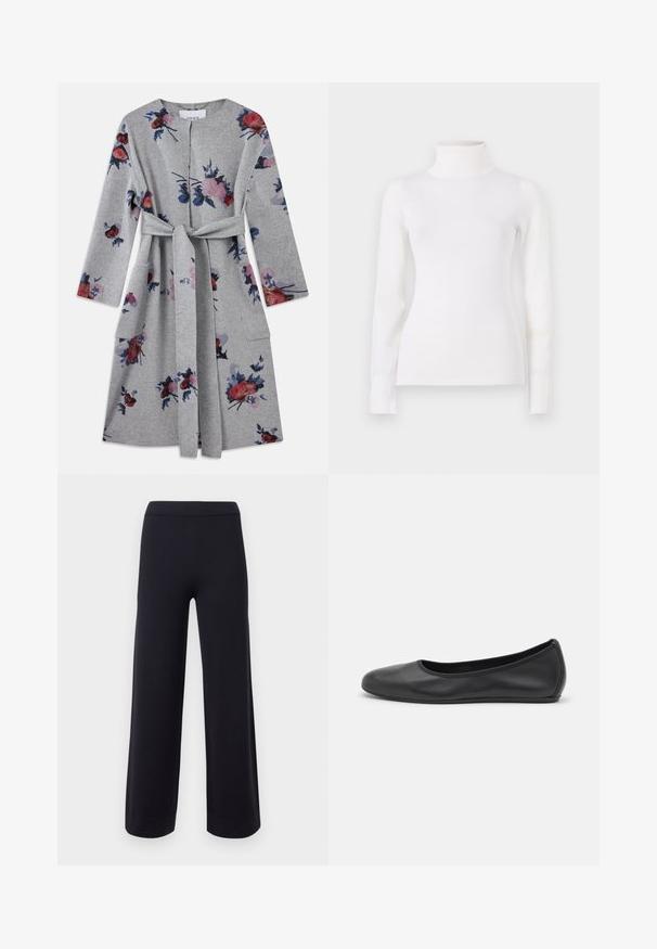 Manteau long à manches longues gris ceinturé avec des motifs floraux roses, rouges et bleus et des poches à rabat de chaque côté.; Pull en col roulé blanc, taille ajustée, manches longues, texture douce, tissu lisse, detailing minimal, poignets et col côtelés.; Pantalon noir à jambes larges avec une taille haute et des ourlets retroussés, présenté sur un fond clair uni.; Ballerines en cuir noir avec un bout rond, texture lisse, détails de couture minimalistes et design de semelle flexible.