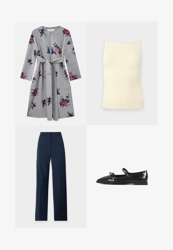 Grå langærmet bæltekåbe med pink, rød og blå blomsterprint samt påsatte lommer på hver side.; Flødefarvet ribstrikket camisole-top med tynde stropper og en lige halsudskæring på en neutral baggrund.; Marineblå bukser med lige ben, bæltestropper, frontlynlås og ren talje på en lys baggrund.; Sort læder flad sko med spidse tå, der har snøring foran og sidestraps med metalliske detaljer. Glat, blank tekstur.